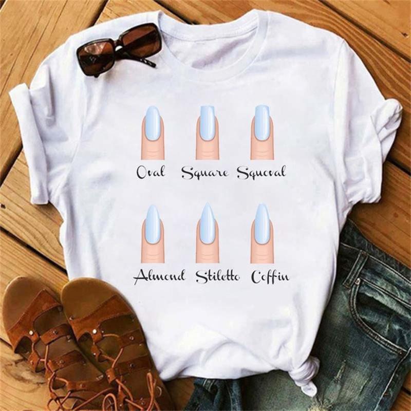 Bomuld T-shirt Kvinder T-shirts Mode Kvinder Tegneserie Grafisk Negl Sød Printet Top T-shirt Kvinde T-shirt Damer Tøj T-shirts