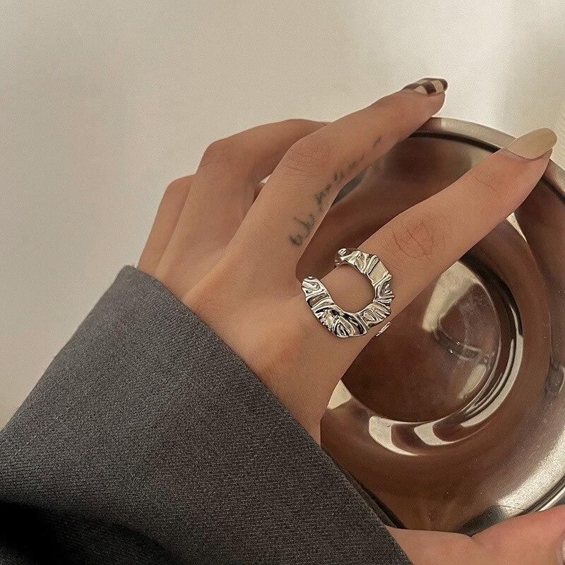 Trendy 925 Silver Sterling Geometric Irregular Open Ring For Women Handmade Simple Temperament Personality Jewelry