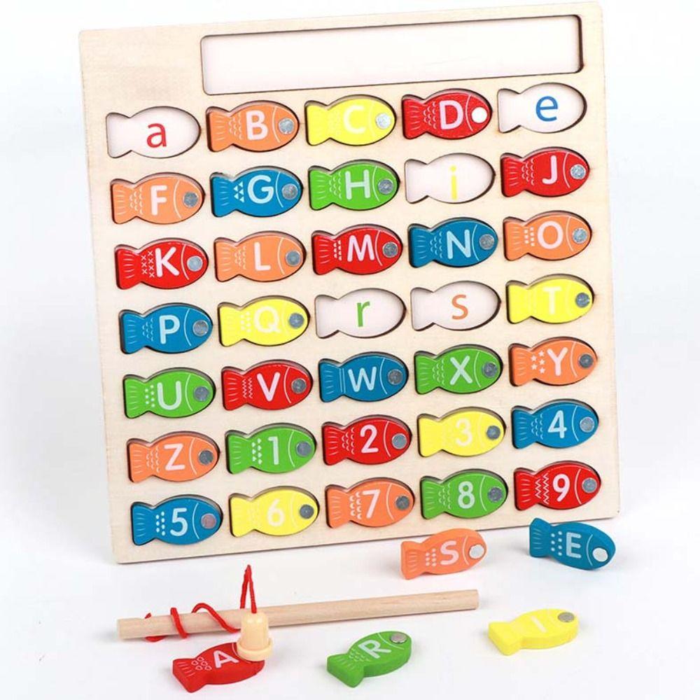 Wooden Kids Fishing Toys Letter Cognition Fishing Game Toy Letter Number Puzzle Birthday Gift