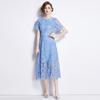 High-End Lace Hollow Out Summer Dress Women's Runway Embroidery Design Vintage Elegant Short Sleeve Long Dresses
