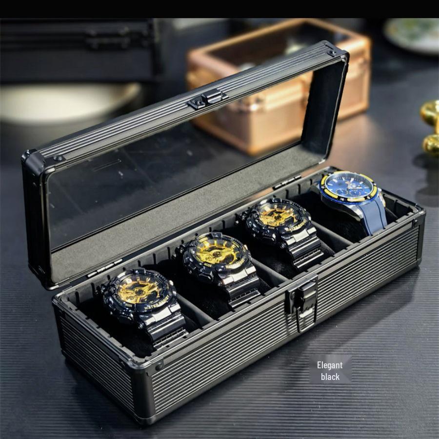 Алюминиевая коробка для хранения часов с 4 отделениями - Ударопрочный и запираемый подарочный кейс