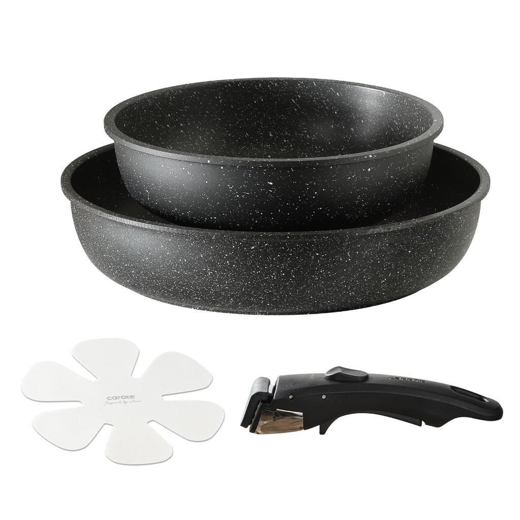 CAROTE Frying Pan 3 Fire PFOS Pot Removable Single Living Marble Smooth Easy To Oven One Year Black EW Series Set, Pieces, IH/Gas Compatible, PFOA,