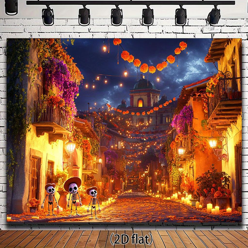 One 2D flat Day of the Dead themed background cloth with skull, festival, and traditional house decorations for party decoration