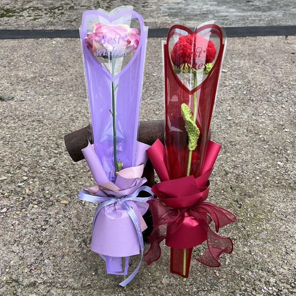 50pcs Single Flower Flower Packaging Bag Heart Shape Rose Packing Sleeve Bag Valentine's Day