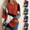 Women Tops Round Neck Long Sleeve Contrast Color Geometric Print Loose Fit Tee Shirt Casual Pullover Tops