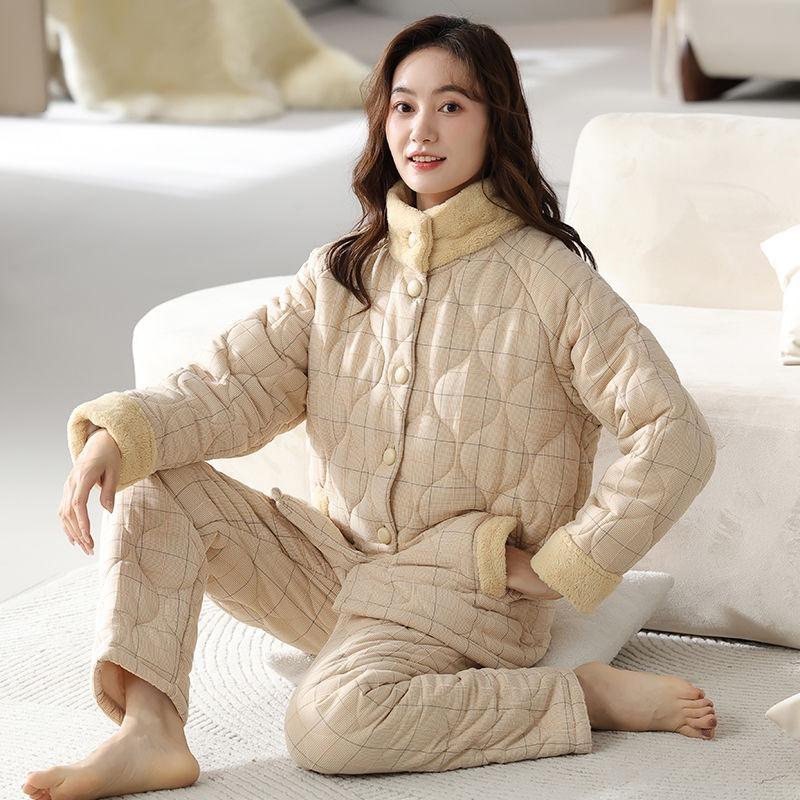 Новая осенне-зимняя женская пижама с хлопковой подкладкой, теплая домашняя одежда из хлопка, трехслойная одежда для сна большого размера, домашний костюм