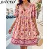 Женская мода лето весна цветочный принт короткий рукав V-образный вырез повседневные платья