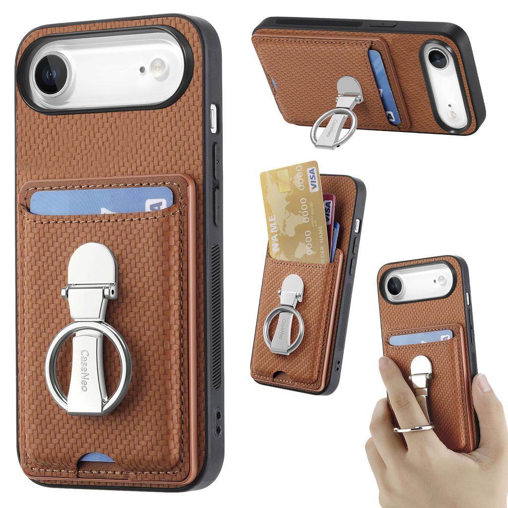For iPhone Air Leather Phone Back Cover with Kickstand and Card Slots Carbon Fiber Texture