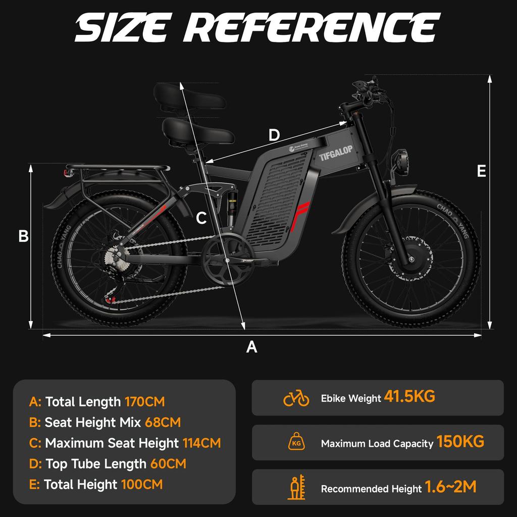 TIFGALOP Adult Electric Bicycle, 2000W Powerful Dual Motor, 52V 24Ah Lithium-ion Battery, 45-90 Km Range, 20-inch Wide Tires