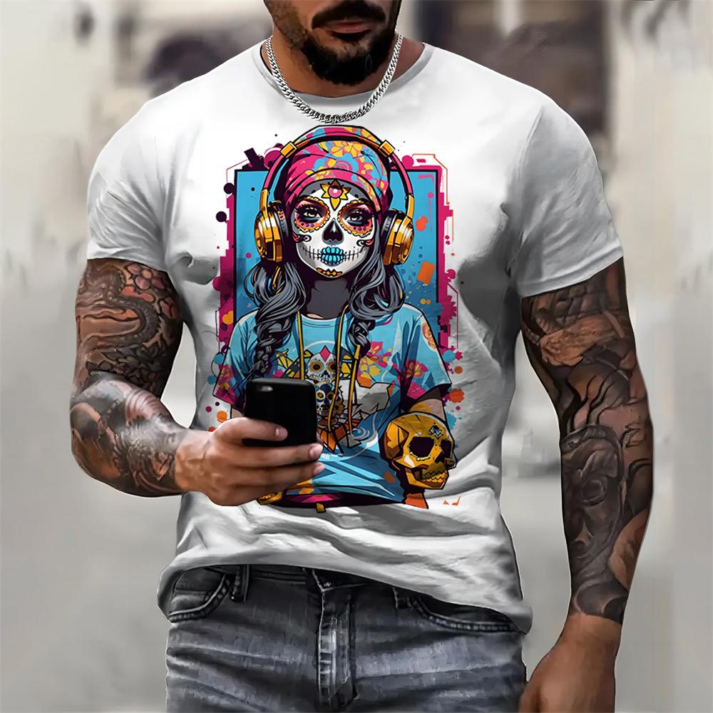 Ретро мужская футболка с рисунком в стиле рок, 3D-печать, модная летняя повседневная футболка с коротким рукавом и круглым вырезом, черные белые классические футболки