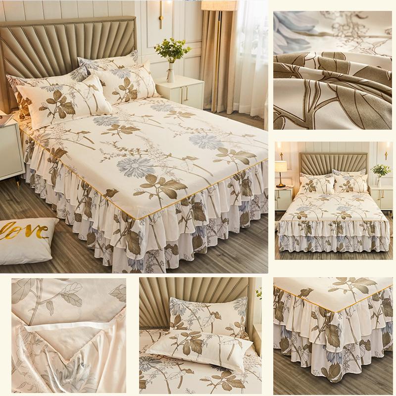 Набор из 3 предметов: Принтованная юбка для кровати 1 юбка для кровати + 2 наволочки, Цветочная кружевная юбка для кровати, Дышащее мягкое покрывало, Постельное белье, Защитный чехол для матраса с защитой от скольжения 360°