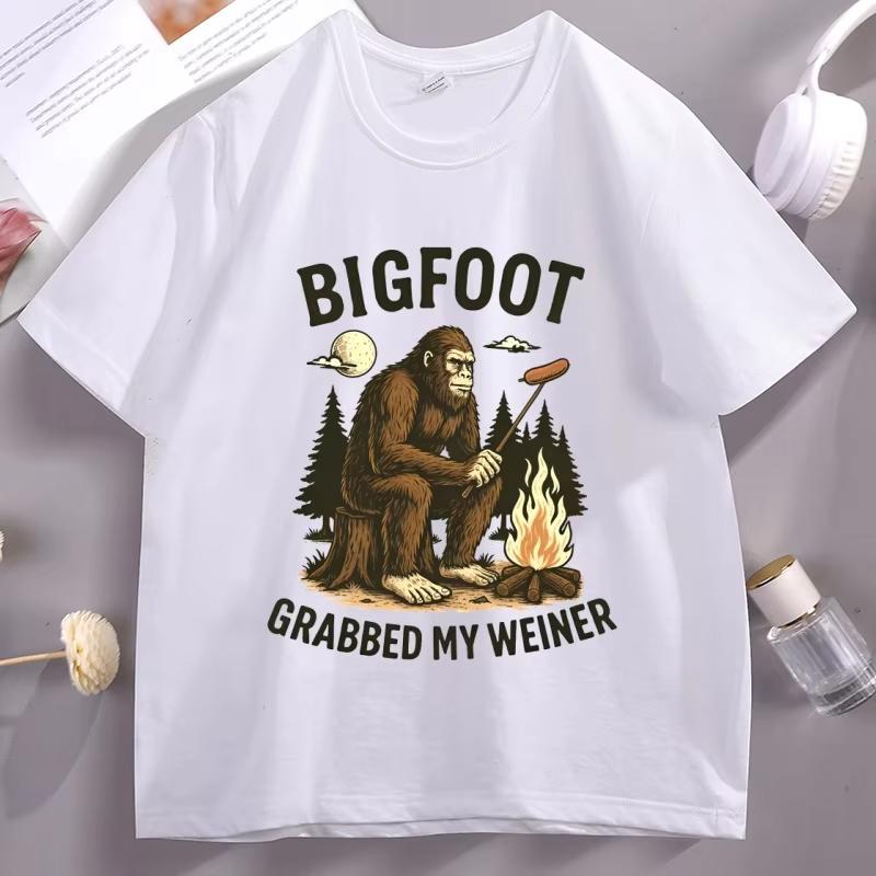 Bigfoot Grabbed My Weiner T Shirt Campfire Sasquatch TShirt Bigfoot Camping Tshirt Breathable Casual Round Neck Unisex Tees Top