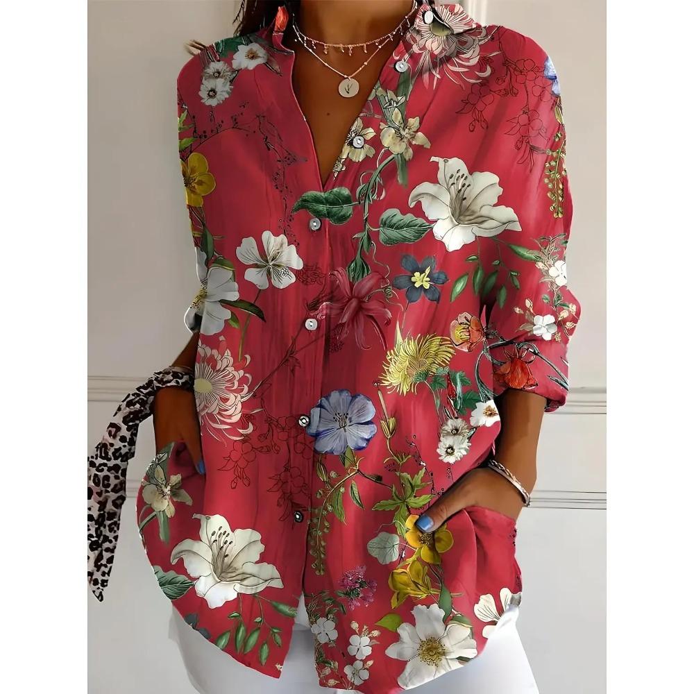 New Women's Shirts Floral Printed Spring Autumn Blouse Lapel Neck Blouse Women Long Sleeve Shirts