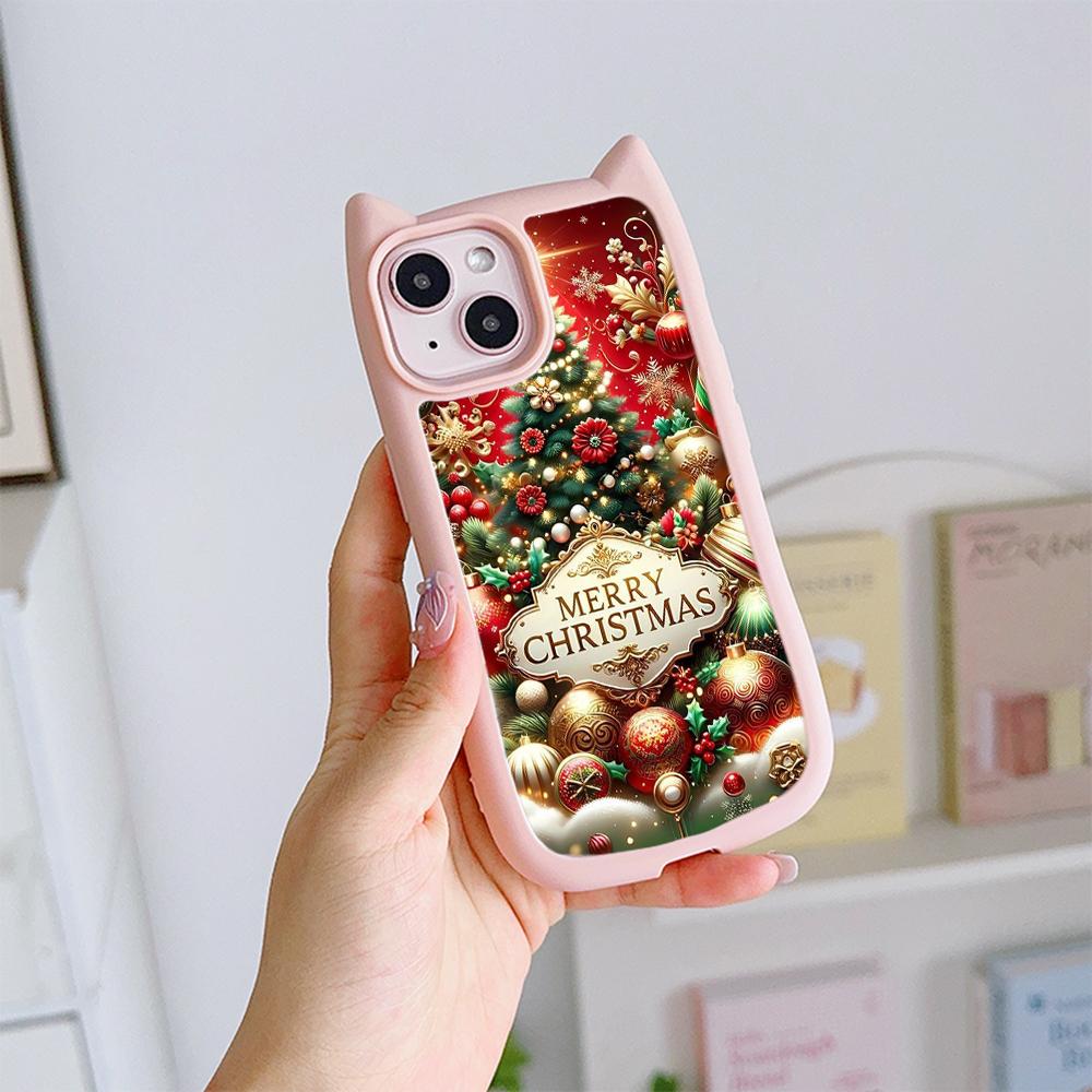 Мягкий чехол для телефона с кошачьими ушками для iPhone 16 15 14 13 12 11 Pro Max TPU Anti-Drop Прозрачная акриловая задняя крышка NY46 Рождественская елка Санта-Клауса