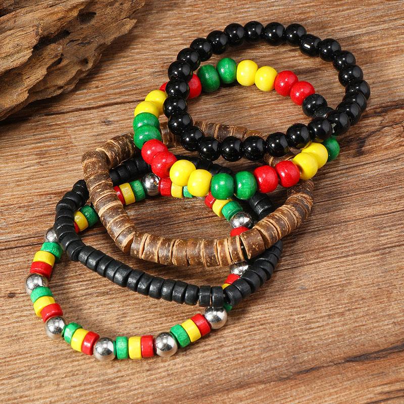 Набор из 5 разноцветных браслетов в стиле регги, штабелируемых, Бохо, этнический, ручной работы, подарки, Красный, желтый, зеленый, черный, деревянные, бусины, браслет