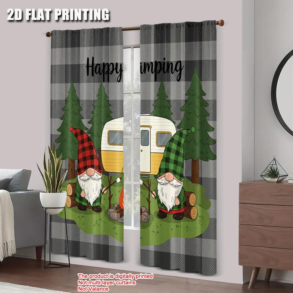 2pcs 2D flat printing Curtain Happy Camping Gnomes Trailer Trees Versatile Polyester Without Electricity Versatile Perfect for