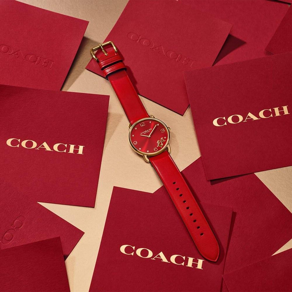 Женские наручные часы Coach Elliott 36 мм Зодиак Дракон Красный циферблат с лучами GP Корпус GP Красный кожаный ремешок