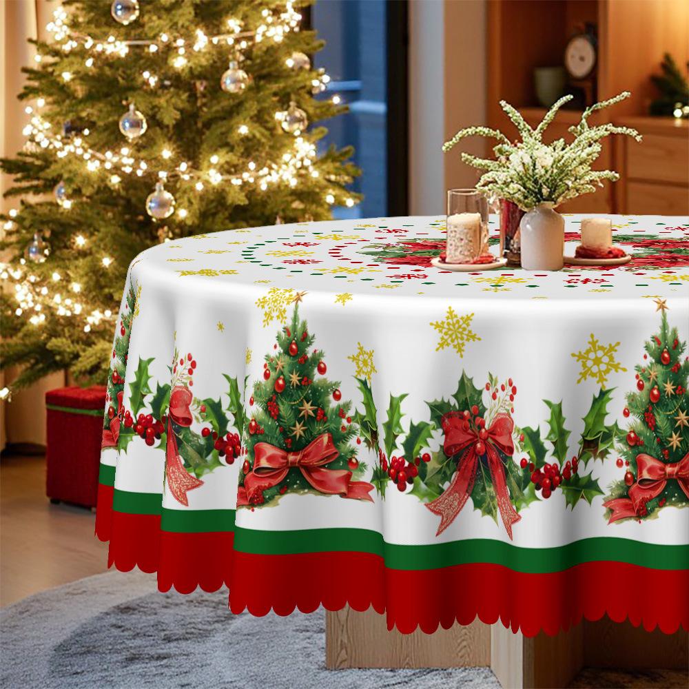 Christmas Tablecloth, Christmas Tree Red Ribbon Waterproof Tablecloth, Round Table Available, Dining Table Decoration Cover