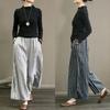 Cotton Linen Striped Printing and Dyeing Wide Leg Pants for Women Summer Pockets Drape Casual Straight Cropped Trousers