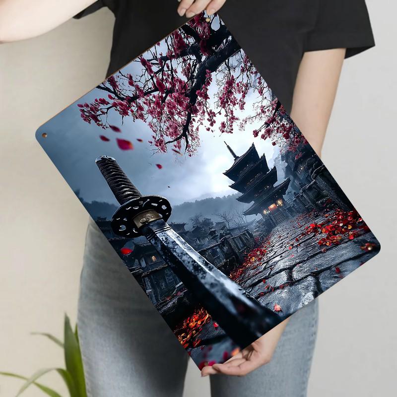 Ancient Japanese Temple Sakura Sword Metal Wall Art Zen Landscape Architecture Decor for Living Room