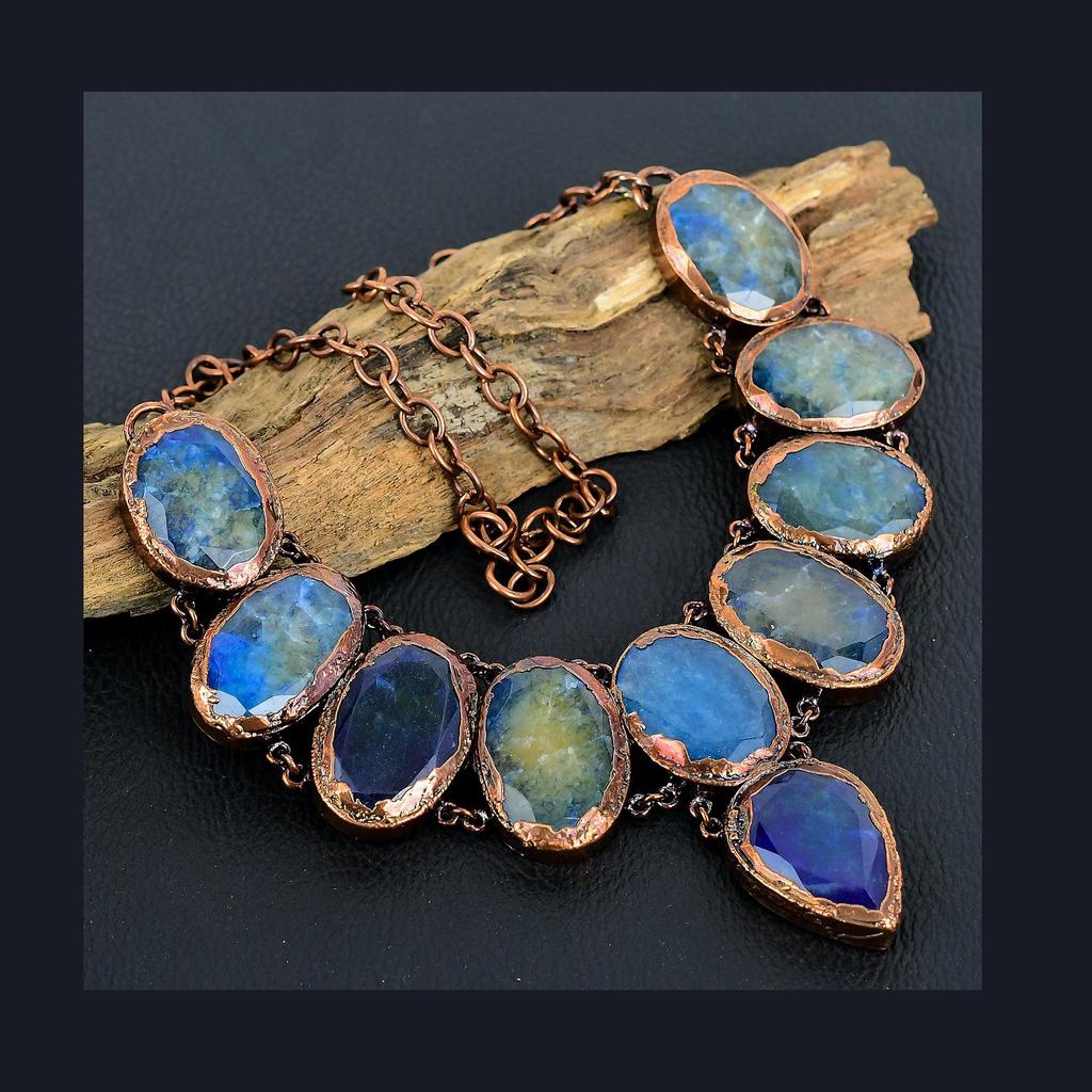 Blue Sapphire Necklace, Handmade Gemstone Necklace, Copper Electroformed Necklace Antique Jewelry, For Engagement Gift