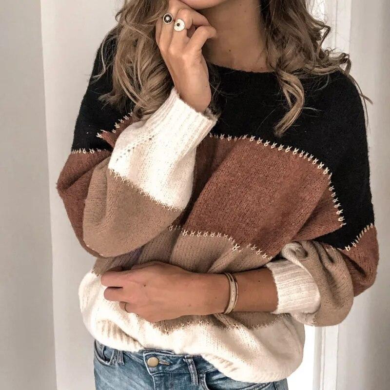 Модный теплый вязаный женский пуловер с длинными рукавами, топы, повседневный контрастный полосатый свитер с круглым вырезом, женская зимняя одежда 30460