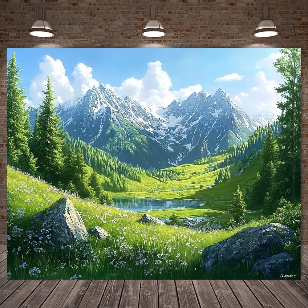 1 piece mountain forest and river scene decoration celebration background with blue sky and white clouds polyester material