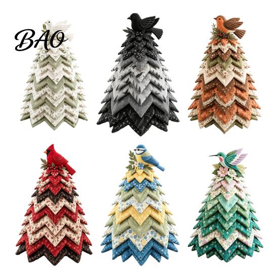 Decorative Handmade Christmas Tree Bird Patchwork Kit, DIY Quilted Fabric Craft Floral Cotton Sewing Material Set Centerpiece for Holiday Home