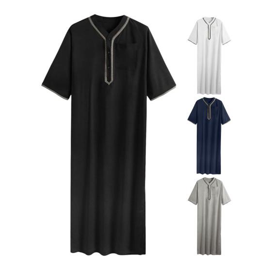 Мужской халат-кафтан, однотонный, со средними рукавами, длинный, с V-образным вырезом, абайя, молитвенная одежда, халат ихрам для летней повседневной носки