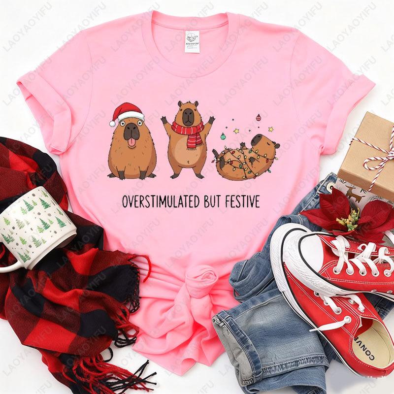 Overstimulated But Festive Capybara Christmas Tshirt Funny Holiday Animal Cotton Tees Cute Xmas Clipart for Tops Y2k Streetwear
