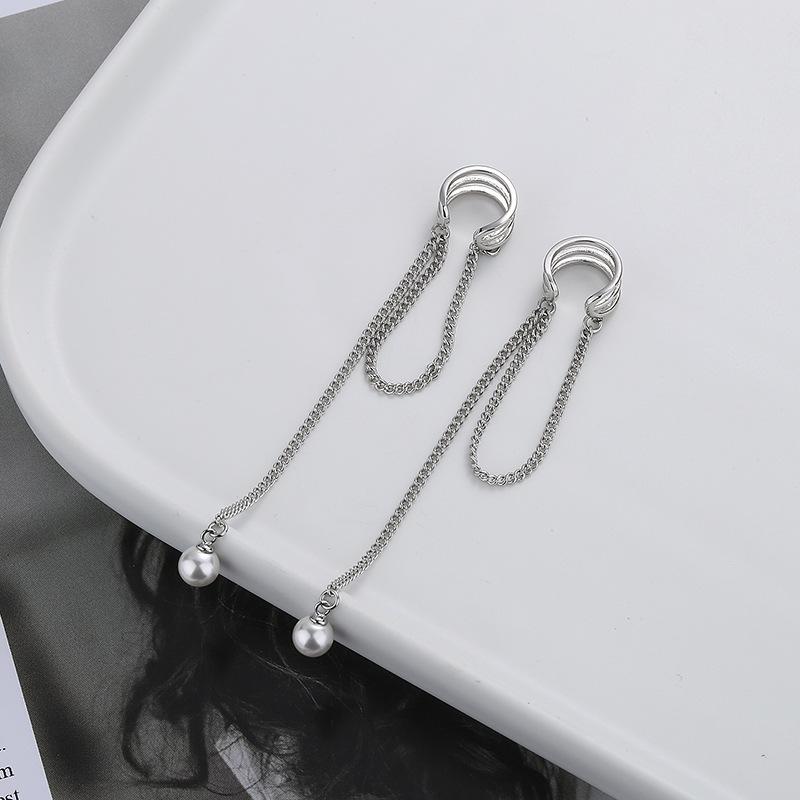 Серьги-клипсы с бахромой из жемчужной цепочки и косточкой для ушей женские, круглые, тонкие, длинные, корейская версия, знаменитости из Интернета, осень