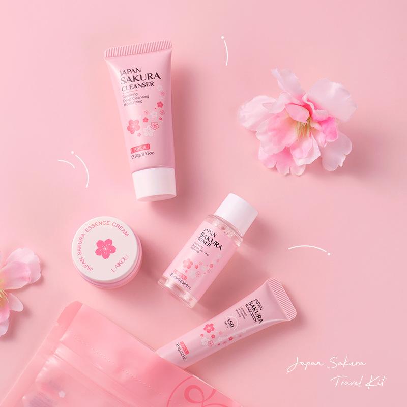 LAIKOU Дорожный набор Japan Sakura Skin Care 4 шт.: очищающее средство, тоник, крем, эссенция