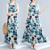 Summer Loose Cotton Linen Printed Round Neck Sleeveless Dress for Women Mid To Long Length Casual Dresses