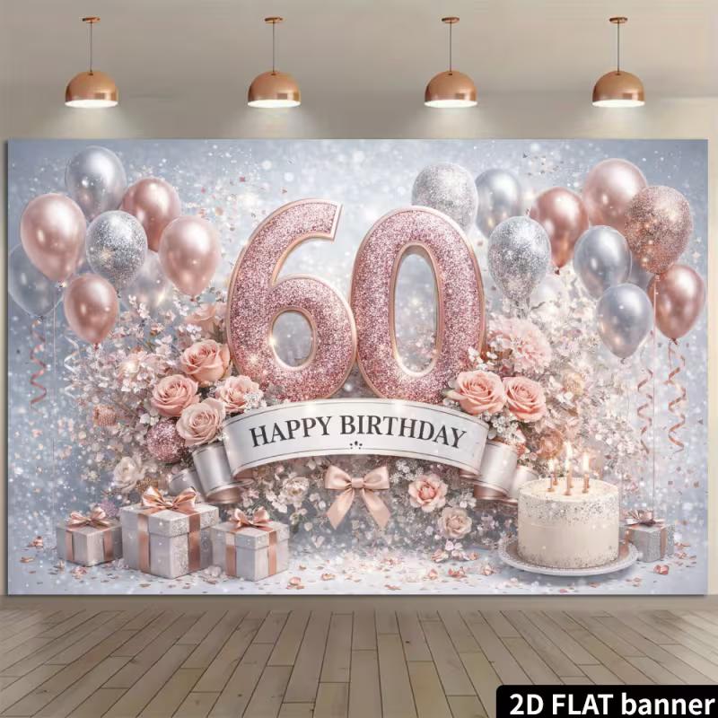 Двумерный задник «Счастливого 60-летия» в цвете розового золота для фона юбилейной вечеринки