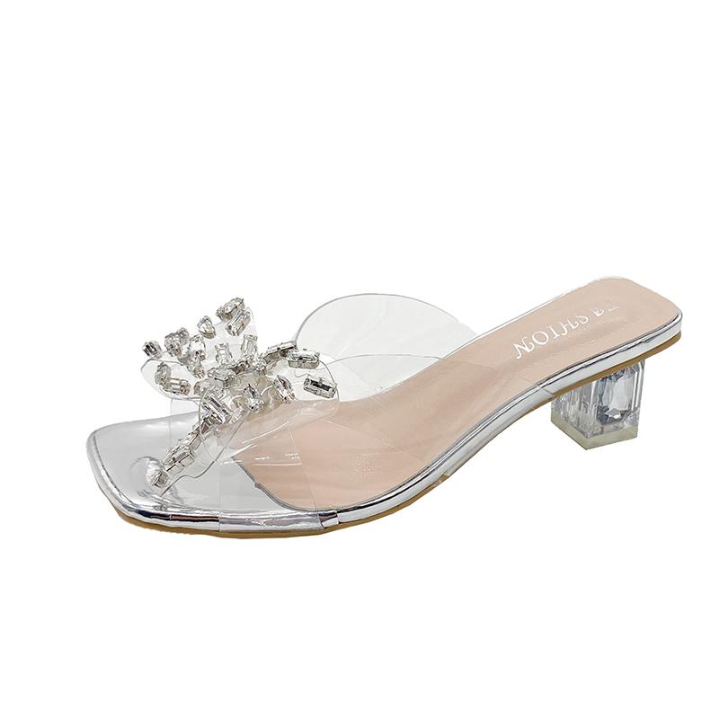 Summer Women's High Heel Sandals Open Toe Square Head Indoor Transparent Slippers Bow Rhinestone Designer Sandals Zapatos Mujer
