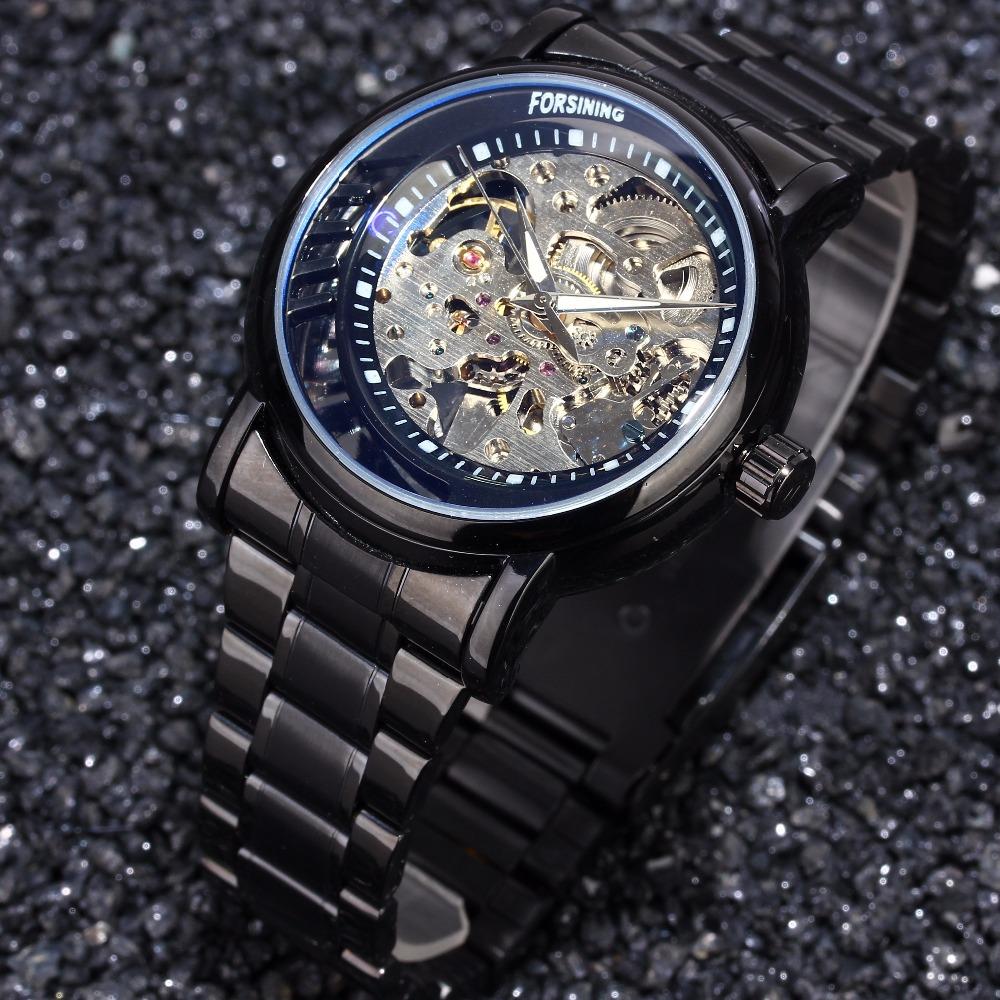 Forsining Механические часы Мужская мода Повседневная стальная полоса Ажурные автоматические механические часы