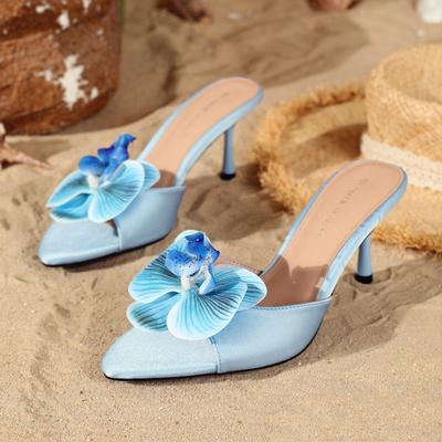 Модные Элегантные Украшенные Цветами Брендовые Босоножки на Высоком Каблуке Женские Модные Босоножки-Слайдеры на Тонком Каблуке с Острым Носком Роскошные Банкетные Туфли для Платья