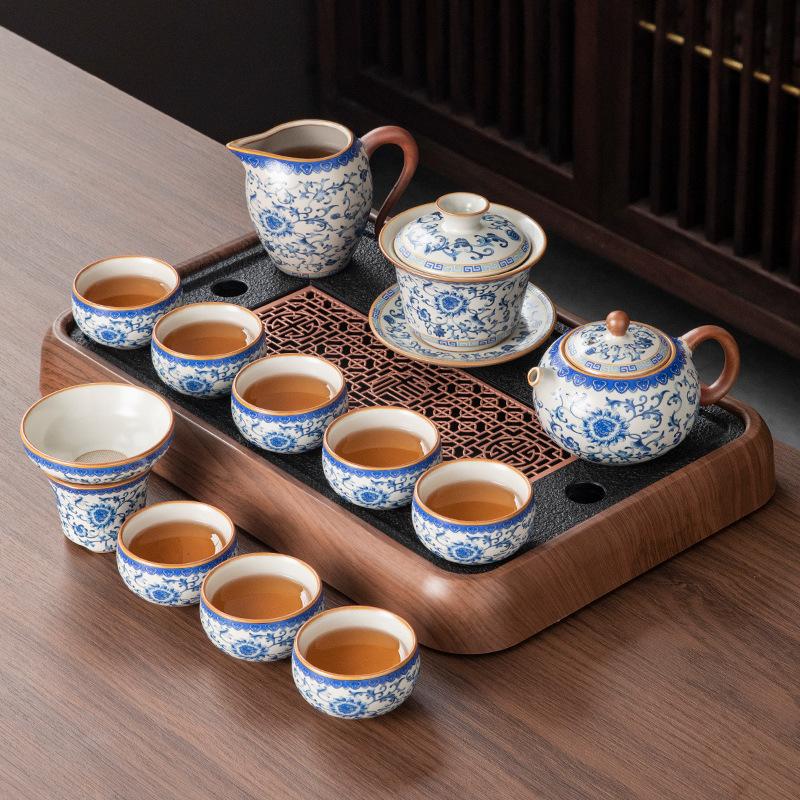 High-end Light Luxury New Ru Kiln Kung Fu Tea Set Ceramic Teapot Teacup Tea Table a Complete Set of Home Office