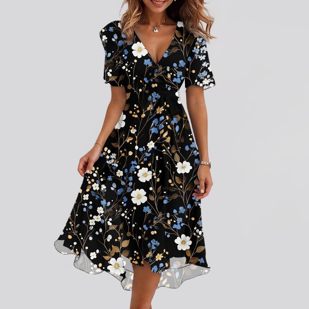 Women's Fashion Casual V Neck Short Sleeve Ruffled Vintage Printed Dresses