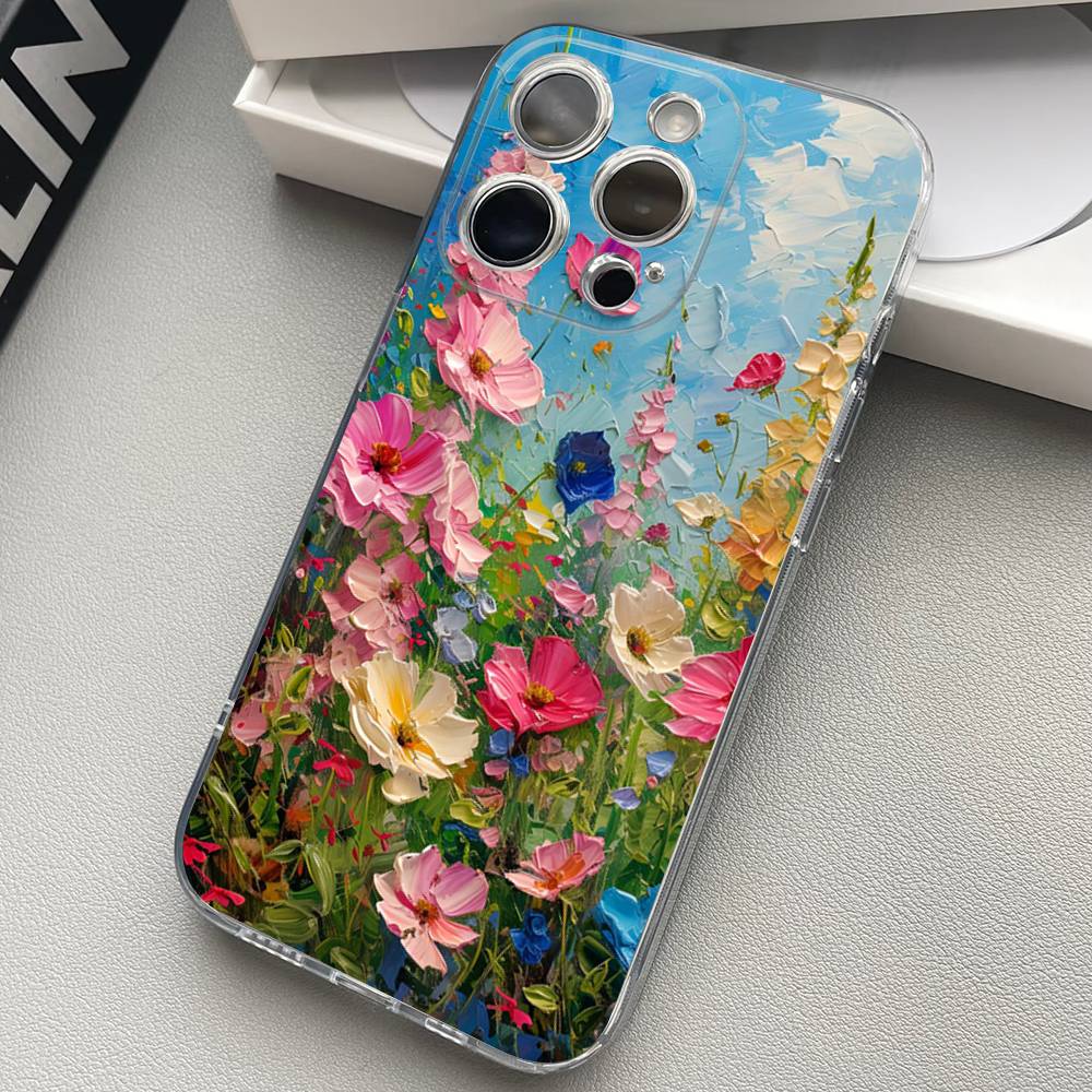 Масляная живопись цветов Прозрачный чехол для телефона для iPhone 17 16 15 11 12 13 14 Pro Max Mini Мягкий ТПУ Силикон Плюс