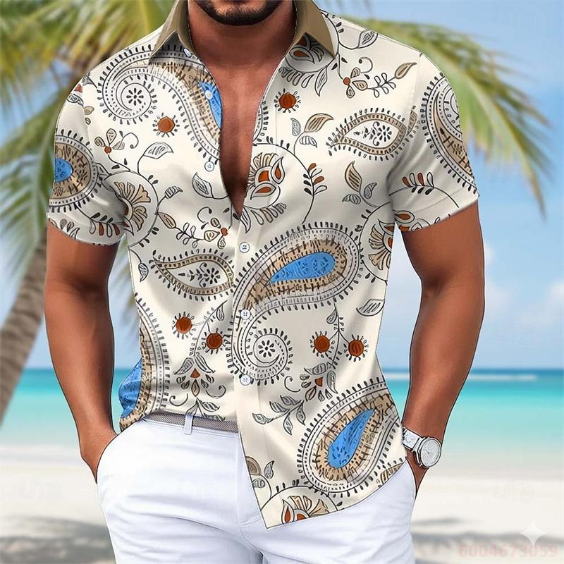 Summer Lightweight Men's Collared Shirt, Gradient Wavy Print, Stylish Casual Vacation Loose Hawaiian Style Men's Shirt, XS-6XL