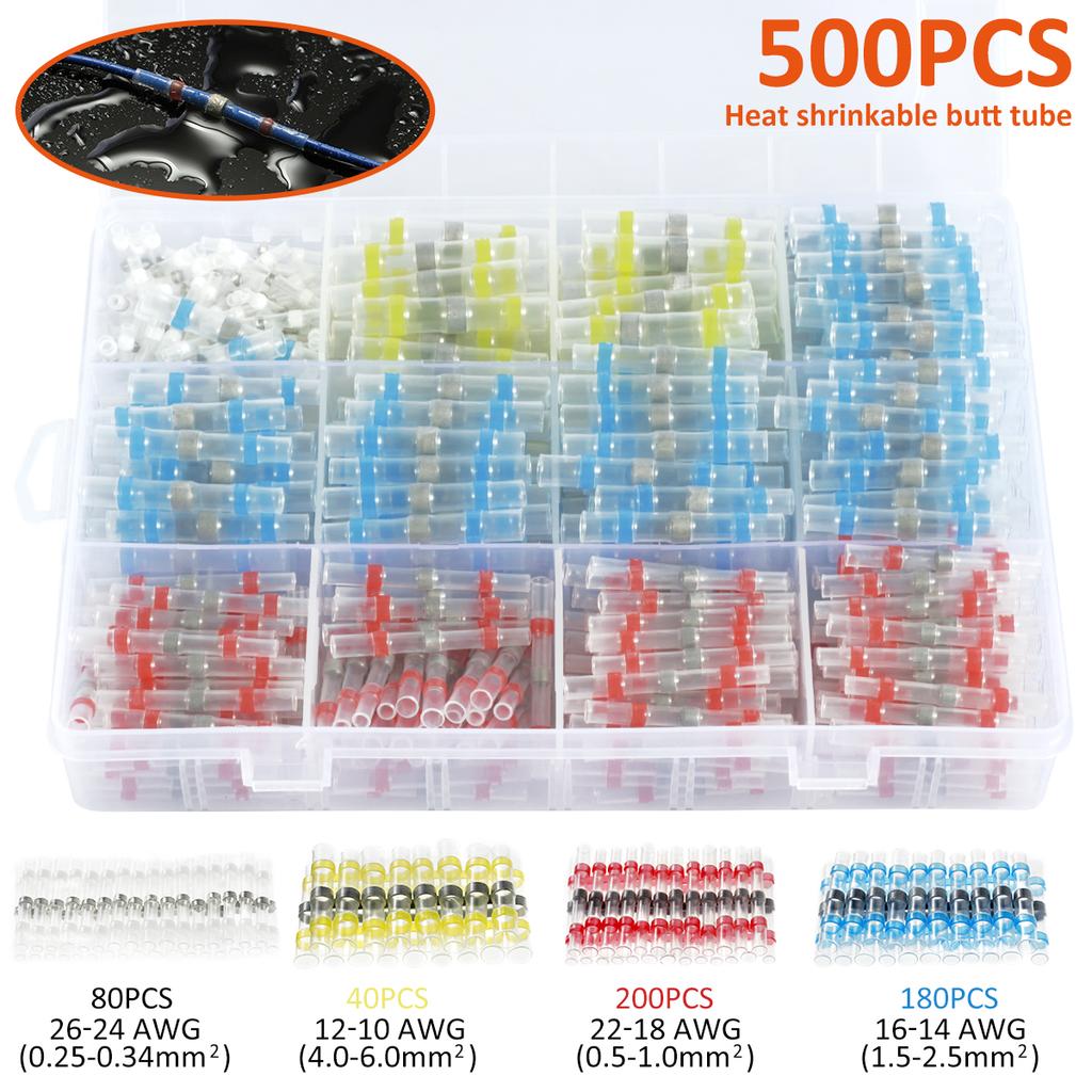 500/210pcs Heat Shrink Wire Connector Butt Terminals Kit Crimp Connectors Waterproof Insulated Electrical Terminals Marine Autom