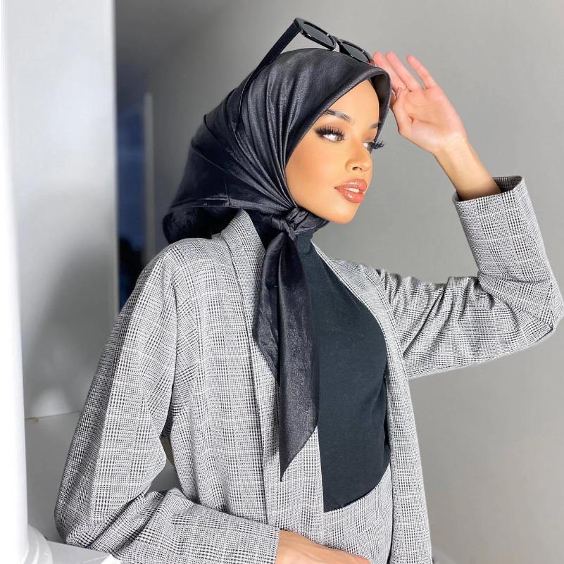 90*90CM Headwrap Muslim Satin Silk Square Scarf Muslim Hijab Women Underscarf Fashion Casual Look Plain Color Tudung Bawl Turban