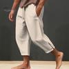 Men Cropped Pants Drawstring Elastic Waist Solid Color Loose Pockets Split Deep Crotch Soft Breathable Summer Vacation Beach