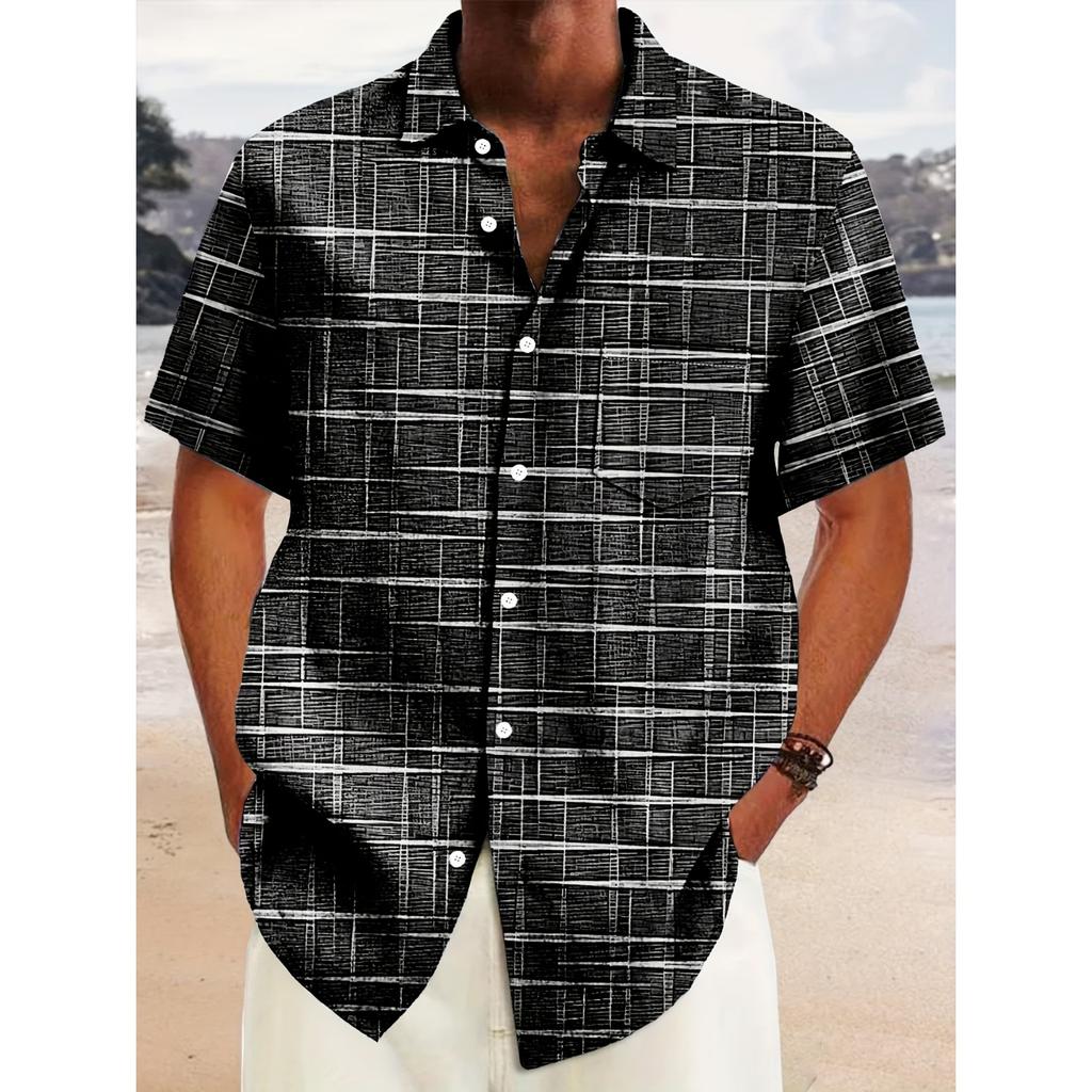 Summer Men's Retro Geometric Pattern Short Sleeved Shirt with Buckle Pocket - Breathable