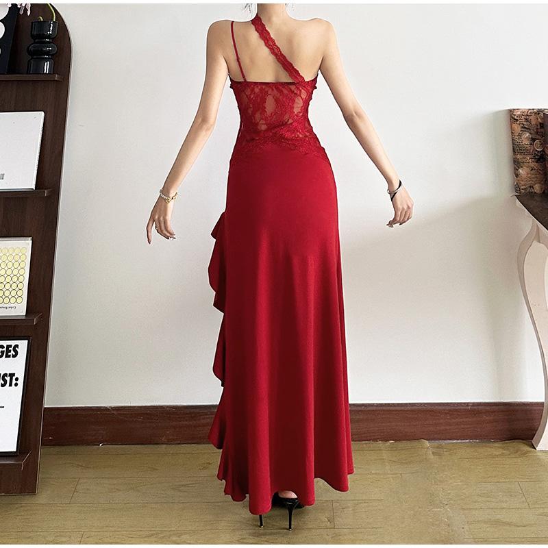 Сексуальное платье-слинг с косым воротником, женское кружевное лоскутное платье с открытой спиной и рукавами, облегающее длинное платье 2025 года, новое женское вечернее платье с оборками и разрезом