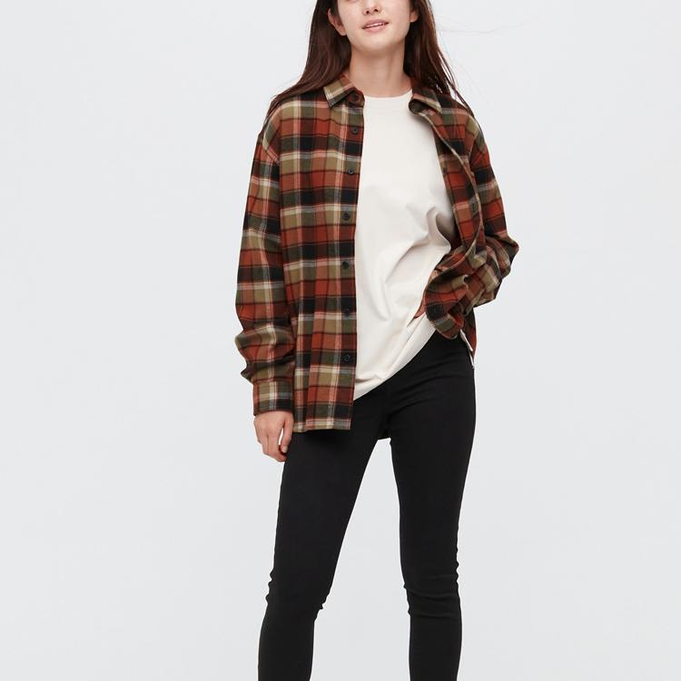 Uniqlo Клетчатая рубашка с отложным воротником, однобортная, с длинным рукавом, унисекс, темно-оранжевая 451297-28