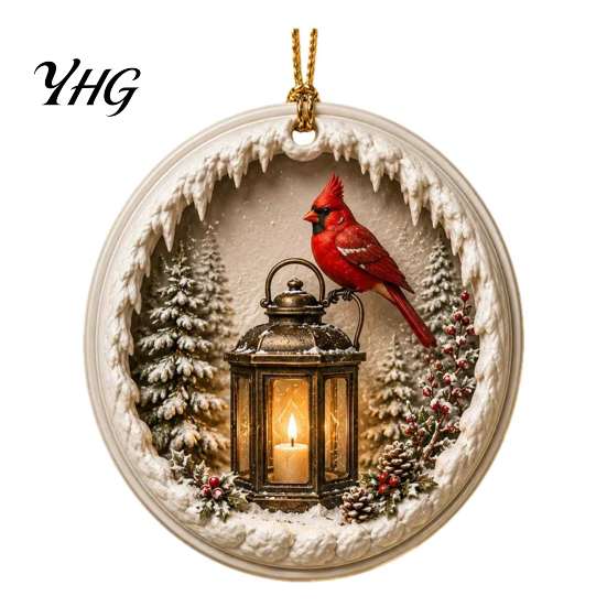 Christmas Party Supplies Acrylic Red Bird Ornament, Snow Scene Pattern Xmas Tree Pendants Hanging Decor, Retro Round Pendant for Winter Holiday Nature