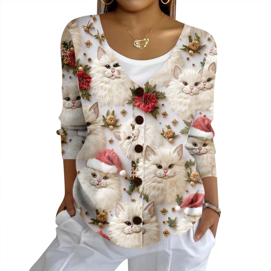 Women's Fashion Casual Knit Sweater Button-Up Christmas Print Cardigan Jacket