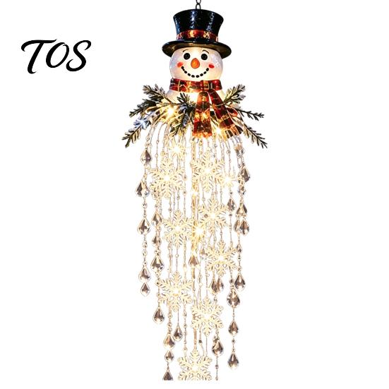Christmas Gift for Friends Crystal Waterfall Lights, LED Warm White Snowman Pendant Decorative Pine Branch Pendants Light with Snowflake Droplets,